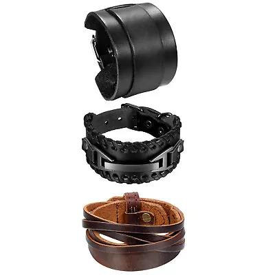 Men's Wide Leather Band Punk Bangle Bracelet Buckle Metal Wristband Black Brown • $9.99