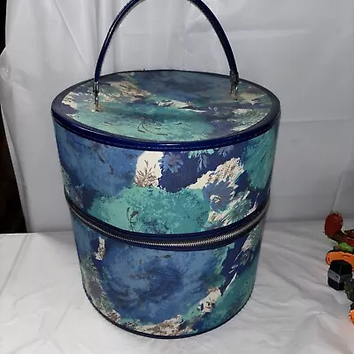 Vintage Rare Zipper Hat Box Luggage Cylinder With Handle Blue Floral 1960s  • $136.77