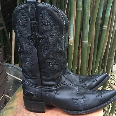 EL GENERAL Leather Cowboy Boots Black BULL STEER HEAD - Mens 9.5 EXCELLENT • $59.35