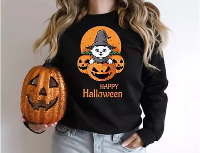 Happy Halloween Pumpkin Tee Witch Unisex Sweatshirt  Cute Cat Pumpkin • £14.69