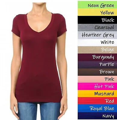  Ambiance V-Neck Short Sleeve T Shirt Basic Plain Solid Top Stretchy Cotton Tee • $7.99