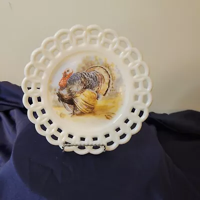 John E. Kemple Glassworks 8  Reticulated White Milk Glass Plate W/Turkey • $7