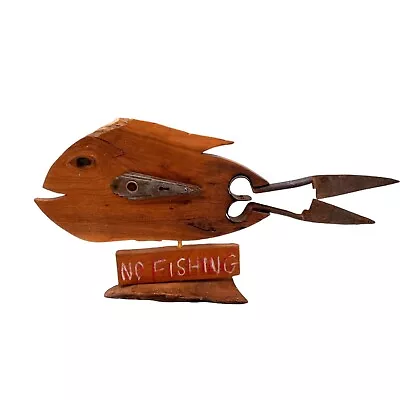 Folk Art Fish Sculpture 27 Inch OOAK Found Object Assemblage Wood Metal Man Cave • $229.99