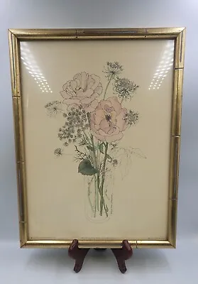 Vintage Mary Lou Gourtzen Wild Roses Floral Litho In Wood Faux Bamboo Frame • $40