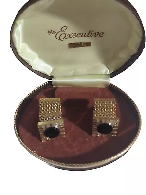 VTG Mr. Executive Mesh Cuff Links UNUSED Onyx Gold Tone Orig. Box Great Gift • $9.99