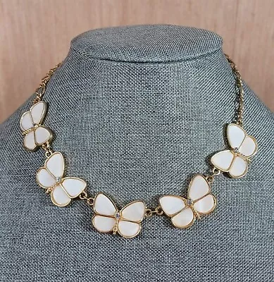 Butterfly Necklace Faux Mother Of Pearl Wings Clear Stone On Body Goldtone • $5.40