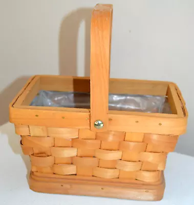 Woven Basket Hinged Handle Plastic Lined Plant Storage 8 X4.5  Vgc • $14.50