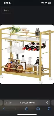 2 Tiers Gold Metal Bar Serving Cart With Wine Rack Glass Holder • $85