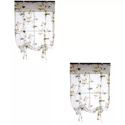  2 PCS Elegant Floral Print Sheer Lace- Up Curtains Roman Blind Kitchen Liftable • £22.79