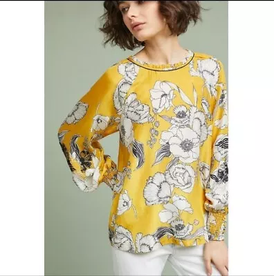 Vineet Bahl 100% Silk Blouse Embroidered Long Sleeves Yellow Floral  Size XS  • $22.26