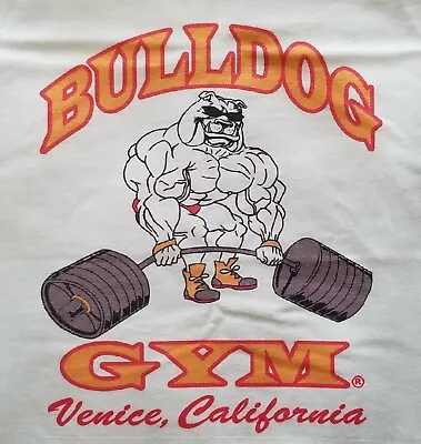 Bulldog Gym Venice California Workout Bodybuilding White / Vintage Gold T-Shirt  • $14.95