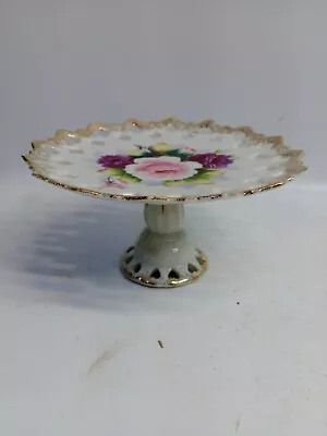 Vintage Hand Painted Pierced Porcelain Pedestal Cupcake Stand Roses #291 • $18.99