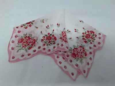 Lovely Vintage Pink & Red Floal Bouquets Scalloped Edge Hankie FREE SHIP  • $5.99