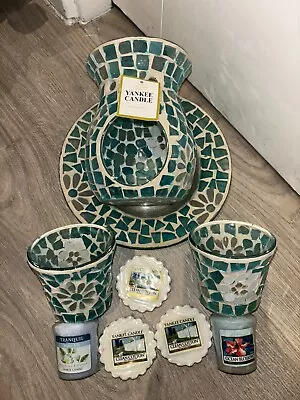 Yankee Candle Large Shade Tray & Wax Burner Set Blue Floral MOSAIC Set New Rare • £60