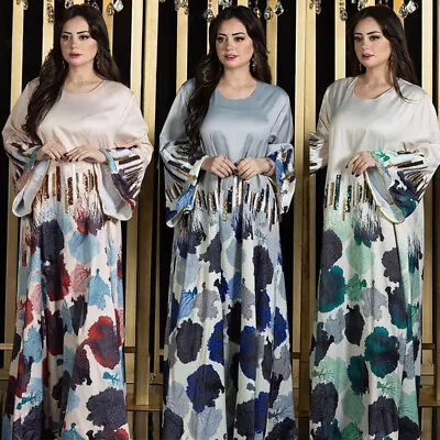 Elegant Women Sequins Printed Kaftan Maxi Dress Muslim Abaya Moroccan Party Gown • $38.12