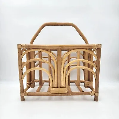 Vintage Mid-Century Modern Magazine Rack Rattan Bent Wood Bamboo Book Holder 16  • $110