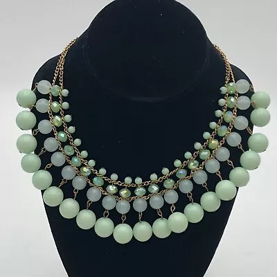 Statement Necklace Light Mint Green Collar Jade Color Beads 4 Layer Gold Tone • $9.99