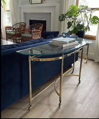 Labarge Mid-Century Modern Brass Profile Demi-Lune Glass Top Console Sofa Table • $1885