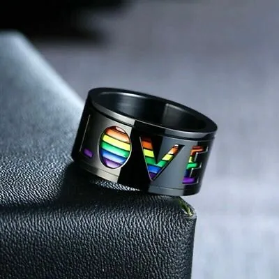 Gay Pride LGBT Lesbian RAINBOW Love Ring Stainless Steel Band SPIN Black UK SELL • £6.97