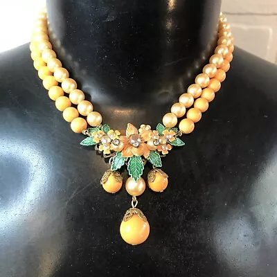 Vintage Tutti Frutti Beaded Orange Blossom Rhinestone Necklace Czech • $45