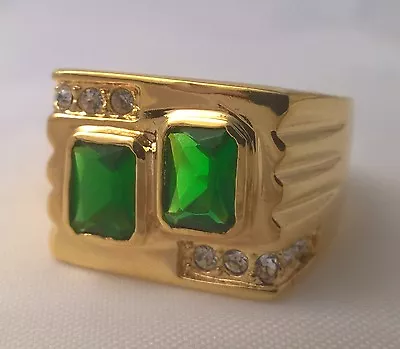 G-Filled 18k Yellow Gold Simulated Diamond Emerald Mens Ring Gents Green Oblongs • $50