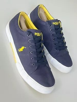 Men’s Polo Ralph Lauren Trainers Canvas Felixstowe Shoes Navy Yellow U.K. 9 • £32.50