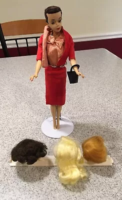 Vintage 1963 Mattel Patent Pending Barbie In Suit W/ 3 Wigs & Wig Stand ~ Japan • $33