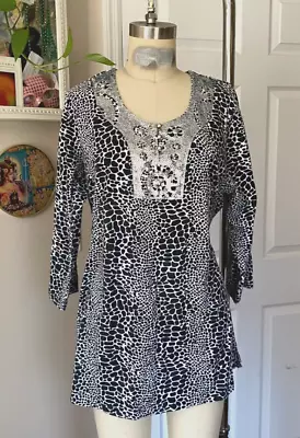 QUACKER FACTORY Black SEQUINED Collar BOHO Giraffe Print Tunic Shirt *LARGE* • $11