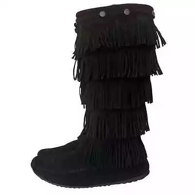 MINNETONKA 5 Layer Fringe Boot Tall Black Leather Suede Moccasin Women’s 11 • $50