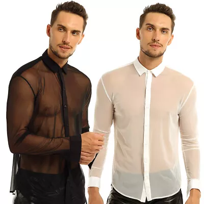 Men Sheer Mesh Shirts See Through Turn Down Collar T-Shirts Top Blouse Clubwear • £15.90