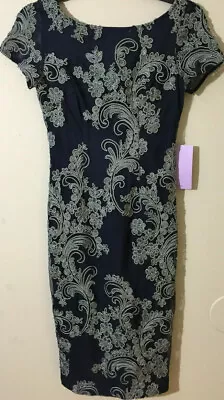 J S COLLECTIONS SOUTACHE FLOWERS MESH SHEATH DRESS NAVY BLUE/GREY SZ 4 New • $70.56