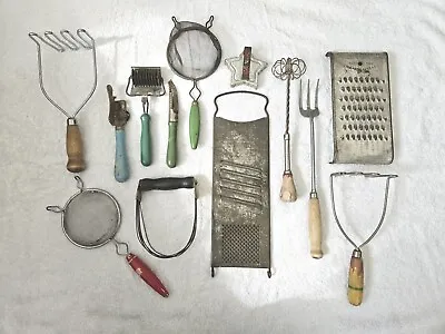 Lot 13 Antique Vintage Kitchen Tools Gadgets Utensils Wood Handles Farmhouse • $27.99