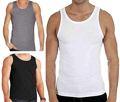 Men's Plain 100% Cotton Vest Adults Summer Sleeveless Training Gym Wear Top UK • £10.49