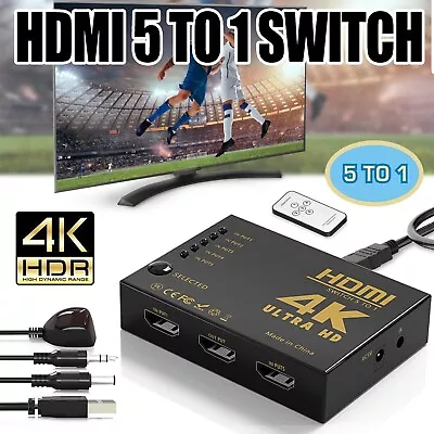 HDMI Switch 4K 5 Port Splitter HUB With IR Remote Auto HDMI Switcher 5 In 1 Out • £6.92