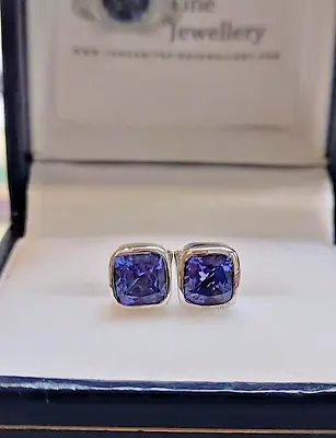 Tanzanite 5mm AAA+ 9k White Gold Bezel Stud Earrings CUSTOM MADE • £595