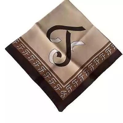 F Script Monogram Scarf Brown Caramel Neutrals Square Made In Italy Vintage EUC • $25