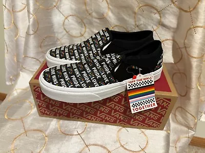 VANS Womens 8.5 Asher Pride Love Wins Slip-On Black White Glitter Shoes NEW • $40