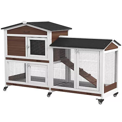 PawHut Wooden Rabbit Hutch Guinea Pig Cage W/ Wheels Run Ramp Brown • £154.44