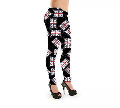 Ladies Vintage Union Jack UK Flag Patch Print Stretchy Leggings Pants Size 8-22 • £19.99