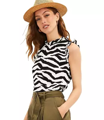 NEW Loft L Women's Black White Tiger Animal Print Ruffle Shell Blouse Top • $19.36