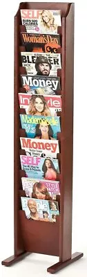 $115 • Buy 10 Pocket Wood Tiered Magazine Rack Floor Wall Mount Oak HDF/Red Mahogany Finish
