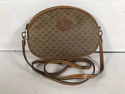 Vintage Gucci Womens Brown Taupe Monogram Coated Canvas Small Crossbody Bag COA • $78