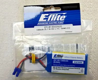 E-flite 1300mAh 2S 7.4V 20C LiPo 18AWG EC2 EFLB13003S20 • £30