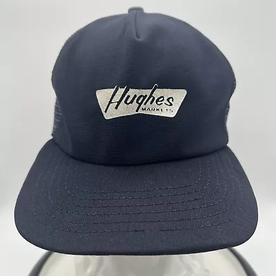 VINTAGE Hughes Market Adult Trucker Hat Ball Cap M-L Blue USA Mesh Snap Back* • $99.99