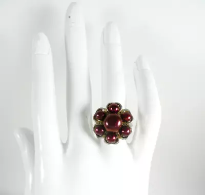 GSJ Cranberry Red Wine Pearl Flower Ring Sz 7 Gold Stone Jewerly • $44