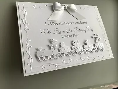 £5 • Buy Personalised Christening Card, Grandson, Son, Godson, White, Train