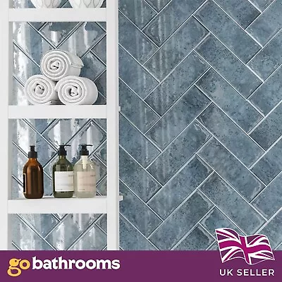 Jaelyn Blue Mottled  Rectangle Brick Gloss Porcelain Wall Tile | 100x300mm • £26.63