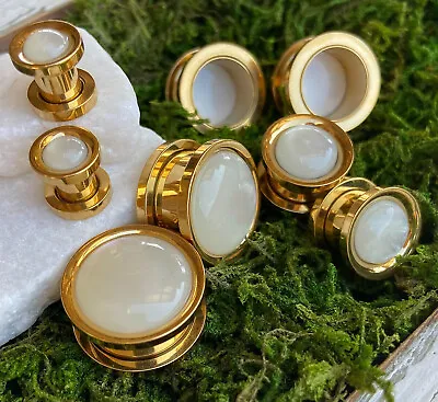 PAIR Synthetic White Pearl Gold Screw Fit Tunnels Gauges Plugs Body Jewelry • $15.95