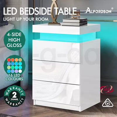 ALFORDSON Bedside Table RGB LED Nightstand 2/3 Drawers 4 Side High Gloss • $104.95