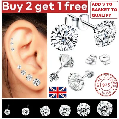 New 925 Sterling Silver Stud Earrings Women Girl Small CZ Crystal Set Backs Pack • £3.99